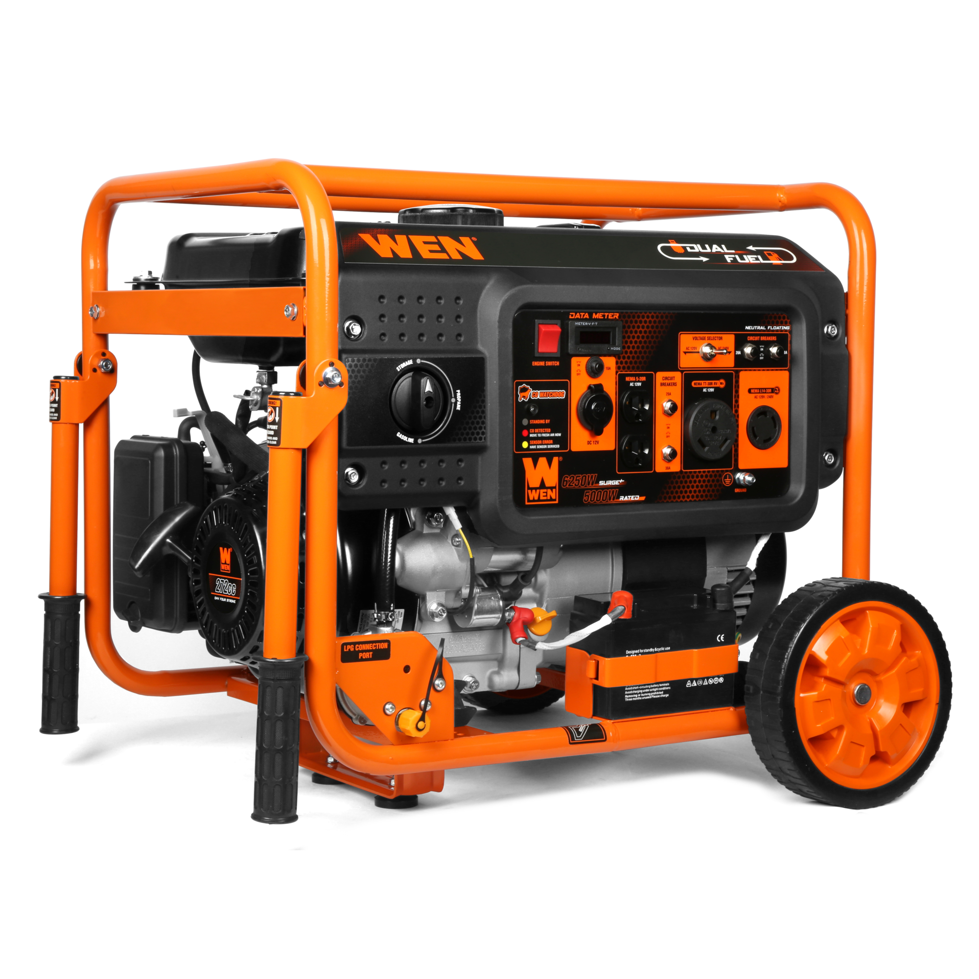WEN Dual Fuel Generator - 6250W Surge, 5000W Rated, 120/240V, Electric Start, Wheel Kit, CO Sensor, Model# DF623X